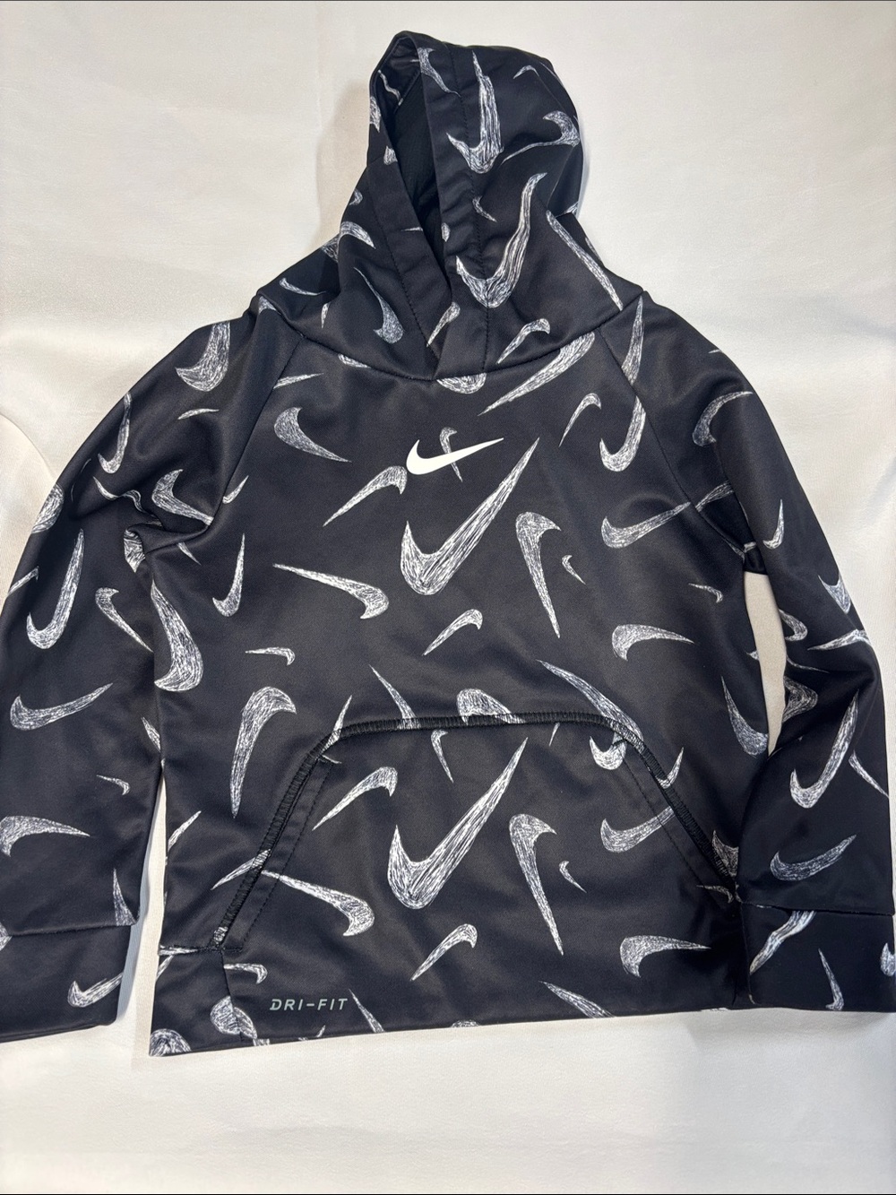 Nike Kids Black Hoodie with White Swoosh All-Over Print